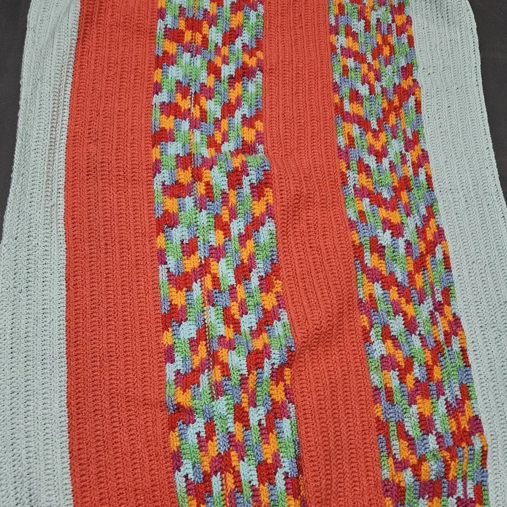 Handmade Crochet Throw Blanket Coral Mint Green Multicolor Striped 31x46 Lapghan
